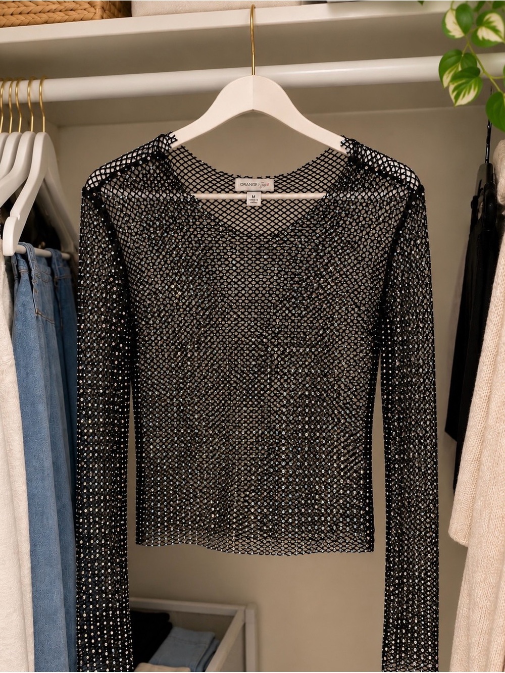 Lace Sparkle Mesh Long Sleeve Top - Black